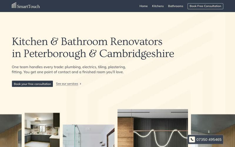 Smart Touch Renovations homepage: navy header, headline Kitchen and Bathroom Renovators in Peterborough and Cambridgeshire, a row of kitchen photos