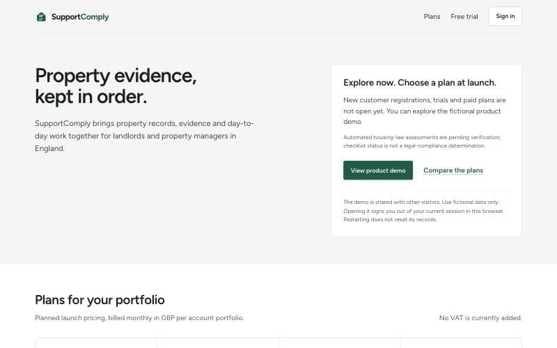 SupportComply homepage: white page, dark green logo, headline Property evidence, kept in order, with a plan panel on the right